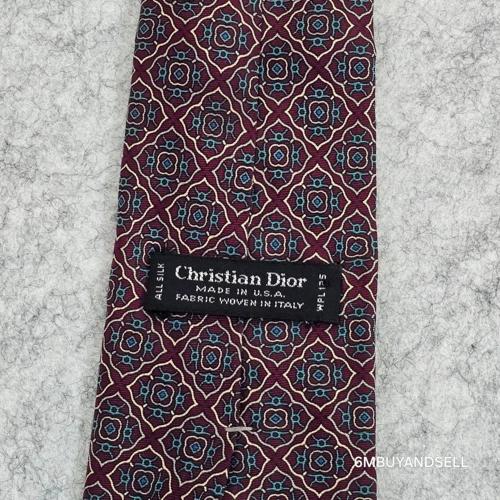 Christian Dior Mens Silk Tie Burgundy Geometric Medallion Woven Italy USA Luxury